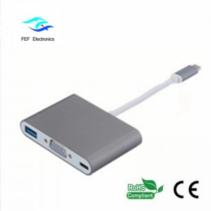 USB TYPE-C sang USB3.0 nữ + VGA nữ + PD ba trong một bộ chuyển đổi Vỏ nhựa ABS Mã: FEF - USBIC-007